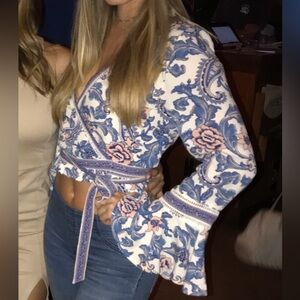 Spell Blue and White Bell Sleeve Wrap Blouse